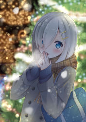 Rule 34 | 10s, 1girl, ass, bag, blue eyes, blurry, blush, breath, coat, depth of field, hair ornament, hair over one eye, hairclip, hamakaze (kancolle), kantai collection, long sleeves, looking at viewer, mimamui, open mouth, outdoors, own hands together, scarf, short hair, shoulder bag, snowing, solo, upper body