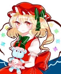 Rule 34 | 1girl, absurdres, alternate headwear, alternate wings, back bow, blonde hair, blush, bow, bowtie, breasts, character doll, chiyori (soleilandiris), closed mouth, collared shirt, cowboy shot, flandre scarlet, green bow, green bowtie, hair bow, hat, highres, lace-trimmed sleeves, lace trim, large bow, long hair, looking at viewer, mob cap, multicolored wings, one side up, puffy short sleeves, puffy sleeves, red bow, red eyes, red hat, red skirt, red vest, shirt, short sleeves, simple background, skirt, small breasts, solo, touhou, vest, white background, wings