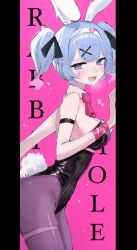 Rule 34 | 1girl, :d, animal ears, bare shoulders, black leotard, black pantyhose, black ribbon, blue hair, blush, bow, bowtie, breasts, channyy19, detached collar, fake animal ears, fake tail, from side, hair ornament, hair ribbon, hairband, hatsune miku, highleg, highleg leotard, highres, large breasts, leotard, looking at viewer, open mouth, pantyhose, pillarboxed, pink background, rabbit ears, rabbit hole (vocaloid), rabbit tail, red bow, red bowtie, ribbon, sexually suggestive, short hair, short twintails, sideboob, sidelocks, simple background, smile, solo, tail, teardrop facial mark, thigh strap, twintails, vocaloid, white hairband, x hair ornament