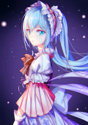 Rule 34 | 1girl, absurdly long hair, absurdres, apron, aqua eyes, aqua hair, artist name, artist request, back bow, blue eyes, blue hair, bow, dress, female focus, frilled dress, frills, gloves, hatsune miku, highres, long hair, looking at viewer, maid, maid apron, maid cap, maid headdress, maid, night, night sky, parted lips, phicis, puffy short sleeves, puffy sleeves, red bow, short sleeves, sky, solo, star (symbol), star print, twintails, very long hair, vocaloid, white bow, white gloves