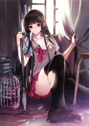 Rule 34 | 1girl, birdcage, black hair, black thighhighs, boku wa isekai de fuyo mahou to shoukan mahou wo tenbin ni kakeru, book, book stack, bow, bowtie, breasts, brown eyes, brown footwear, cage, character request, cleavage, closed mouth, collarbone, cover image, curtain grab, curtains, hair ornament, holding, holding polearm, holding spear, holding weapon, indoors, jpeg artifacts, knee up, loafers, long hair, looking at viewer, loose bowtie, manyako (mohumohu), medium breasts, miniskirt, novel illustration, official art, on floor, open window, plaid, plaid skirt, pleated skirt, polearm, red bow, red bowtie, red skirt, school uniform, shoes, short sleeves, sitting, skirt, solo, spear, star (symbol), star hair ornament, straight hair, sunlight, sweater vest, textless version, thighhighs, thighs, torn clothes, torn thighhighs, upskirt, weapon, window
