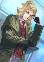 Rule 34 | 1boy, black gloves, blonde hair, blurry, blurry background, collared shirt, commentary request, creatures (company), game freak, gloves, green jacket, hand up, hassel (pokemon), highres, indoors, jacket, long sleeves, looking down, male focus, necktie, nintendo, open clothes, open jacket, orange eyes, otsudou, pants, parted bangs, parted lips, pokemon, pokemon sv, ponytail, red necktie, shirt, solo, vest, white shirt