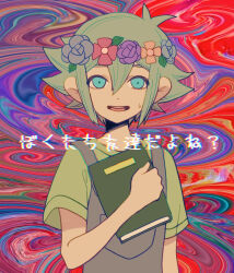 Rule 34 | 1boy, ?, abstract background, antenna hair, aqua eyes, arm at side, basil (headspace) (omori), basil (omori), blue background, blue flower, blue overalls, blue rose, book, child, chromatic aberration, facing viewer, flower, flower wreath, green background, green hair, green shirt, hair between eyes, hair flaps, highres, holding, holding book, looking up, multicolored background, nervous smile, nervous sweating, omori, open mouth, overalls, pink flower, purple background, purple flower, purple rose, red background, rose, shirt, short hair, short sleeves, sidelocks, smile, sweat, sweatdrop, teeth, translation request, upper body, upper teeth only, zero (sleepy meltan)