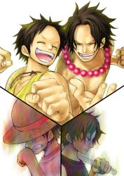 Rule 34 | 2boys, aged down, baton, black hair, brothers, clenched teeth, closed eyes, hat, jewelry, kara (acluf-0156), monkey d. luffy, multiple boys, necklace, no headwear, one piece, open mouth, portgas d. ace, scar, serious, siblings, simple background, smile, straw hat, teeth
