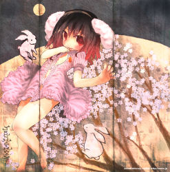 Rule 34 | 1girl, adapted costume, animal ears, barefoot, blush, rabbit, rabbit ears, carrot, cherry blossoms, dress, female focus, fine art parody, finger to mouth, flower, gradient hair, inaba tewi, john hathway, moon, multicolored hair, no bra, open clothes, open mouth, open shirt, paper, parody, red eyes, shirt, short hair, signature, solo, teasing, thighs, touhou, watermark