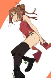 Rule 34 | 1girl, bent over, black skirt, boots, brown eyes, brown hair, china dress, chinese clothes, cross-laced footwear, dress, fu-ta, hair between eyes, hair ornament, hairclip, lace-up boots, original, shoes, skirt, solo, teeth, thighhighs, thighs, usami taiga