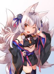 Rule 34 | 1girl, animal ears, arm strap, bell, black thighhighs, blush, cowboy shot, fang, fox ears, fox shadow puppet, fox tail, hair bell, hair ornament, highres, japanese clothes, long hair, looking at viewer, low-tied long hair, multiple tails, one eye closed, open clothes, open mouth, original, silver hair, solo, tail, thighhighs, usagihime, white background, wide sleeves