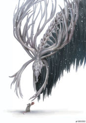 Rule 34 | antlers, bone, christmas, commentary request, eldritch abomination, fur, gift, holding, holding gift, horns, looking at another, monokubo, monster, mouse (animal), no humans, original, skeleton, white background