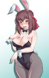 Rule 34 | 1girl, animal ears, black bow, black bowtie, black leotard, blush, bow, bowtie, breasts, brown eyes, brown hair, cleavage, commentary, covered navel, cowboy shot, detached collar, embarrassed, fake animal ears, fake tail, frown, girls und panzer, gradient background, green background, grey pantyhose, hand on own chest, headband, highleg, highleg leotard, kondou taeko, large breasts, leotard, looking at viewer, medium hair, one-hour drawing challenge, open mouth, pantyhose, playboy bunny, rabbit ears, rabbit tail, red headband, shadow, shiny skin, solo, standing, strapless, strapless leotard, tail, thighs, twitter username, wing collar, wrist cuffs, yts takana