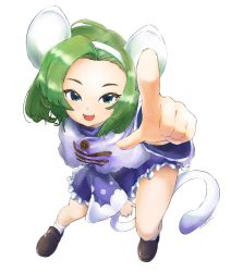 Rule 34 | 1girl, animal ears, brave fencer musashiden, capelet, dress, foreshortening, full body, green eyes, green hair, hairband, hamriku, highres, looking at viewer, mouse ears, mouse girl, mouse tail, open mouth, purple capelet, short hair, simple background, smile, solo, tail, topo (musashiden), white background