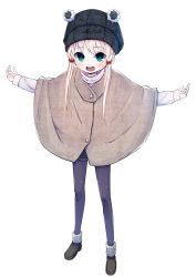 Rule 34 | 1girl, :d, alternate costume, beanie, black footwear, black hat, blonde hair, blue pantyhose, contemporary, full body, hat, highres, long sleeves, looking at viewer, mankun, moriya suwako, open mouth, outstretched arms, pantyhose, poncho, shoes, shorts, sidelocks, smile, solo, spread arms, touhou, turtleneck, winter clothes