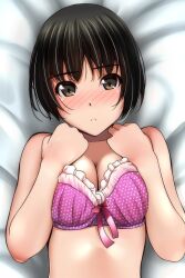 Rule 34 | 1girl, absurdres, bare arms, bare shoulders, bed sheet, black hair, blush, bow, bow bra, bra, breasts, brown eyes, cleavage, collarbone, frilled bra, frills, hands up, highres, looking at viewer, lying, matsunaga kouyou, medium breasts, nose blush, on back, original, parted lips, pink bra, polka dot, polka dot bra, short hair, solo, underwear, underwear only, upper body