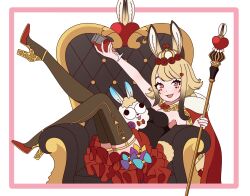 Rule 34 | 1girl, alcohol, animal ears, anon non, bird, blonde hair, cane, cape, crow, dress, heart, heart-shaped pupils, high heels, highres, holding, holding cane, mascot, md5 mismatch, prism project, rabbit ears, rabbit girl, rabbit tail, simple background, sitting, symbol-shaped pupils, tail, thighhighs, throne, virtual youtuber, wine