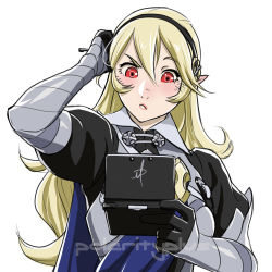 Rule 34 | 1girl, armor, blonde hair, blush, cape, confused, corrin (female) (fire emblem), corrin (fire emblem), fire emblem, fire emblem fates, gauntlets, hairband, handheld game console, long hair, nintendo, nintendo 3ds, pointy ears, polarityplus, red eyes, simple background, solo