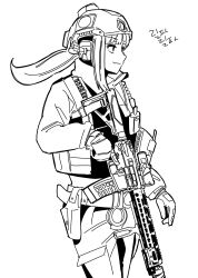 Rule 34 | 1girl, ar-15, assault rifle, commentary request, from side, gloves, greyscale, gun, helmet, highres, holding, holding gun, holding weapon, jacket, long hair, low ponytail, monochrome, nyagurisushi, original, pants, ponytail, rifle, sidelocks, simple background, solo, standing, weapon, weapon request, white background