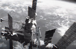 Rule 34 | 1girl, chinese commentary, chromatic aberration, commentary, earth (planet), greyscale, hatsune miku, highres, holding, holding microphone, konya karasue, long hair, microphone, monochrome, planet, scenery, solar panel, solo, space, space station, spacesuit, standing, star (sky), twintails, very long hair, vocaloid
