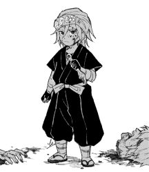 Rule 34 | 1boy, aged down, and rira, arm at side, arm wrap, child, corpse, crystal, disembodied head, earrings, facepaint, forehead protector, frown, full body, gloves, greyscale, hair between eyes, hand up, holding, holding weapon, japanese clothes, jewelry, kimetsu no yaiba, kunai, leg wrap, long sleeves, looking at viewer, male focus, monochrome, ninja, pants, sandals, sash, short hair, short sleeves, tabi, uzui tengen, weapon, zouri