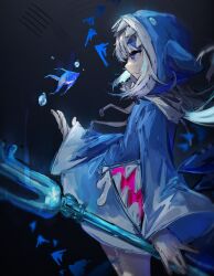 Rule 34 | 1girl, animal hood, blue eyes, blue hair, blue hoodie, blunt bangs, fins, fish tail, gawr gura, gawr gura (1st costume), highres, holding, holding trident, holding weapon, hololive, hololive english, hood, hood up, hoodie, long hair, long hoodie, long sleeves, multicolored hair, shark girl, shark hood, shark print, shark tail, solo, somewhatdino, streaked hair, tail, virtual youtuber, water drop, weapon, white hair