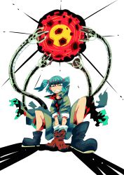 Rule 34 | 1girl, bad id, bad pixiv id, bespectacled, blue eyes, blue hair, boots, clenched teeth, doctor octopus, dress, glasses, gloves, hair bobbles, hair ornament, highres, kawashiro nitori, marvel, matching hair/eyes, mechanical arms, meteor, no headwear, no headwear, short hair, solo, squatting, teeth, the omoti, touhou, twintails, two side up