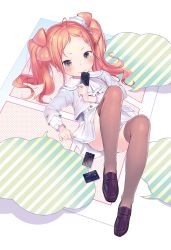 Rule 34 | 1girl, absurdres, brown thighhighs, card, child, clothes lift, full body, green eyes, hair ornament, hairclip, henreader, highres, holding, holding card, kyou kara ore wa loli no himo!, loafers, long hair, long sleeves, mouth hold, official art, orange hair, shoes, skirt, skirt lift, solo, swept bangs, tanzawa chizuru, thighhighs, twintails