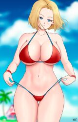 Rule 34 | 1girl, absurdres, android 18, bikini, blonde hair, blue eyes, blurry, blurry background, breasts, cleavage, dragon ball, dragonball z, gummslime, highres, kame house, large breasts, looking at viewer, navel, palm tree, red bikini, short hair, solo, swimsuit, tree, wide hips