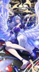Rule 34 | 1girl, asymmetrical gloves, bracelet, detached sleeves, dress, earrings, falling feathers, feathered wings, feathers, full body, gloves, halo, hand up, high heels, highres, honkai: star rail, honkai (series), jewelry, long hair, looking to the side, parted lips, purple dress, purple footwear, purple hair, purple nails, robin (honkai: star rail), shoes, short sleeves, smile, solo, taiju (gr09kuma), thighs, toes, two-tone dress, uneven gloves, unworn shoes, white dress, white gloves, white wings, wings