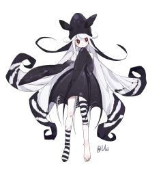 Rule 34 | 1girl, asphyxia17, black dress, black hat, closed mouth, colored skin, commentary, dress, flippers, full body, gradient skin, hat, highres, long hair, looking to the side, monster girl, original, red eyes, single sock, socks, solo, squid girl, striped clothes, striped socks, symbol-only commentary, torn clothes, torn socks, very long hair, white hair, white skin