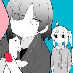 Rule 34 | &lt;o&gt; &lt;o&gt;, 3girls, :|, ahoge, blank eyes, blue background, bocchi the rock!, closed mouth, female pov, fingernails, gradient hair, greyscale with colored background, hair ornament, hairclip, ijichi nijika, jacket, kita ikuyo, looking at viewer, medium hair, mole, mole under eye, multicolored hair, multiple girls, nail polish, necktie, nekoume, one side up, parted lips, pov, pov hands, red nails, shirt, yamada ryo