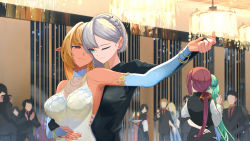 Rule 34 | 6+boys, 6+girls, alternate costume, alternate hairstyle, arm around waist, asymmetrical bangs, bad id, bad pixiv id, bare shoulders, black shirt, black vest, blonde hair, bracelet, braid, breasts, bridal gauntlets, chain, chandelier, clapping, closed mouth, collared shirt, crowd, dancing, dark-skinned female, dark elf, dark skin, dress, dress shirt, elbow gloves, elf, formal, french braid, gloves, gold, gown, green eyes, green hair, highres, holding hands, hololive, hololive fantasy, houshou marine, huang lan, jewelry, large breasts, long hair, long sleeves, looking at another, low ponytail, multiple boys, multiple girls, necklace, one eye closed, parted lips, pointy ears, red eyes, red hair, ring, see-through, shiranui flare, shirogane noel, shirt, short hair, silver hair, smile, suit, taking picture, uruha rushia, very long hair, vest, virtual youtuber, white dress, yuri