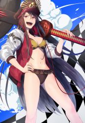 Rule 34 | &gt;:d, 1girl, :d, absurdres, bikini, bikini under clothes, blue sky, breasts, brown hair, checkered flag, cleavage, cloud, day, fate/grand order, fate (series), flag, groin, hand on own hip, hat, highres, long hair, medium breasts, navel, oda nobunaga (fate), oda nobunaga (koha-ace), oda nobunaga (swimsuit berserker) (fate), oda nobunaga (swimsuit berserker) (first ascension) (fate), oda nobunaga (swimsuit berserker) (second ascension) (fate), open mouth, over shoulder, red eyes, saamon (dream81come), sky, smile, solo, swimsuit, swimsuit under clothes, sword, sword over shoulder, v-shaped eyebrows, weapon, weapon over shoulder
