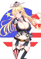 Rule 34 | 10s, 1girl, american flag legwear, belt, belt buckle, black gloves, blonde hair, blue eyes, breasts, buckle, cleavage, elbow gloves, garter straps, gloves, hand on own hip, headgear, iowa (kancolle), kantai collection, large breasts, long hair, looking at viewer, miniskirt, one eye closed, pointing, skirt, solo, sotogawa max, star-shaped pupils, star (symbol), symbol-shaped pupils, thighhighs, white gloves, wrist cuffs, zettai ryouiki