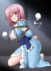 Rule 34 | 1girl, ahoge, arms behind back, bdsm, blue kimono, blush, bondage, bound, bound arms, bound wrists, bow, breasts, cleavage, collarbone, commentary request, frilled kimono, frills, full body, hair between eyes, highres, hitodama, japanese clothes, kimono, kneeling, large breasts, long sleeves, looking at viewer, nori tamago, open mouth, pink hair, red eyes, restrained, rope, saigyouji yuyuko, sash, shibari, short hair, smile, solo, touhou, wavy hair