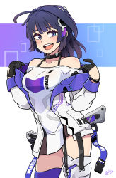 Rule 34 | 1girl, :d, absurdres, bare shoulders, black gloves, galois, gloves, hair ornament, highres, honkai (series), honkai impact 3rd, jacket, long hair, long sleeves, looking at viewer, open mouth, ponytail, purple eyes, purple hair, raiden mei, raiden mei (striker fulminata), sheath, shirt, simple background, smile, solo, teeth, white background, white jacket, white shirt