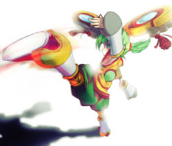 Rule 34 | 10s, 1girl, armpits, chinese clothes, detached sleeves, dragon kid, fakon, female focus, full body, gradient background, green eyes, green hair, hat, huang baoling, kicking, matching hair/eyes, motion blur, ponytail, short hair, shorts, simple background, solo, superhero costume, tiger &amp; bunny, white background