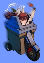 Rule 34 | 1girl, absurdres, arrow (symbol), bendit, blue archive, blue background, bright pupils, brown hair, gun, highres, holding, holding gun, holding weapon, leaf, leaf on head, long hair, miyu (blue archive), motor vehicle, recycle bin, recycling symbol, red eyes, rifle, simple background, solo, weapon, white pupils