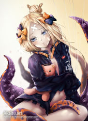 Rule 34 | 1girl, :o, abigail williams (fate), abigail williams (traveling outfit) (fate), akaisu, bandaid, bandaid on face, bandaid on forehead, belt, black bow, blonde hair, blue eyes, blush, bow, fate/grand order, fate (series), hair bow, hair bun, heroic spirit traveling outfit, highres, holding, holding stuffed toy, long hair, looking at viewer, navel, official alternate costume, orange bow, parted bangs, pocket, polka dot, polka dot bow, simple background, single hair bun, solo, stuffed animal, stuffed toy, teddy bear, tentacles, watermark, web address, white string