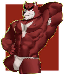 Rule 34 | 1boy, abs, armpit hair, armpits, bakemono no ko, bara, bear boy, brown fur, bulge, chest hair, cropped legs, fundoshi, furry, furry male, highres, japanese clothes, kumatetsu, large pectorals, looking at viewer, male focus, muscular, muscular male, navel, nipples, pectorals, red fur, solo, stomach, thick eyebrows, thick thighs, thighs, topless male, ttn (239 239), tusks, underwear, underwear only