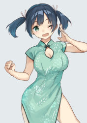 Rule 34 | 1girl, alternate costume, blue eyes, blue hair, breasts, china dress, chinese clothes, cleavage, dress, green dress, grey background, hair between eyes, hair ribbon, kantai collection, large breasts, mitsuyo (mituyo324), one eye closed, open mouth, pelvic curtain, ribbon, short dress, side slit, solo, souryuu (kancolle), twintails
