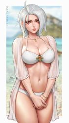 Rule 34 | 1girl, ahoge, artist name, bianca (sciamano240), bikini, blurry, blurry background, border, bracelet, breasts, cleavage, closed mouth, collarbone, cowboy shot, day, depth of field, earrings, facial mark, fingernails, forehead, highres, jewelry, large breasts, lips, long fingernails, long hair, looking at viewer, navel, necklace, open clothes, original, outdoors, outside border, own hands together, red eyes, sciamano240, see-through, signature, silver hair, sleeves past elbows, solo, stomach, swimsuit, thighs, white bikini, white border