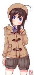 Rule 34 | 1girl, ahoge, alternate costume, beret, black hair, blue eyes, blue ribbon, braid, brown hat, brown jacket, commentary request, cowboy shot, dated, grey shorts, hair over shoulder, hat, highres, jacket, kanon (kurogane knights), kantai collection, logo, looking at viewer, neck ribbon, ribbon, shigure (kancolle), shorts, simple background, single braid, solo, toggle, white background