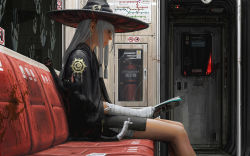Rule 34 | 1girl, animal, bandaged arm, bandaged leg, bandaged tail, bandages, black cat, blood, booth seating, cat, earrings, fire extinguisher, from side, guweiz, hat, highres, holding, holding magazine, jewelry, long hair, looking down, low-tied long hair, magazine (object), original, seat, sidelocks, sitting, sliding doors, thighs, train interior, white hair, window, witch hat