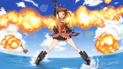 Rule 34 | 10s, 1girl, ;d, antenna hair, arm up, brown eyes, brown hair, cloud, day, double bun, elbow gloves, explosion, gloves, gun, hair bun, kantai collection, legs apart, lens flare, light, naka (kancolle), ocean, one eye closed, open mouth, personification, short hair, sky, smile, solo, standing, standing on liquid, water, weapon, wink, yuto (dialique)