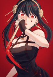 Rule 34 | 1girl, bare shoulders, black dress, black hair, blood, bloody weapon, blush, breasts, dagger, dress, earrings, flower, hairband, highres, hm89509321, jewelry, knife, large breasts, long hair, looking at viewer, open mouth, red eyes, solo, spy x family, stiletto (weapon), weapon, yor briar