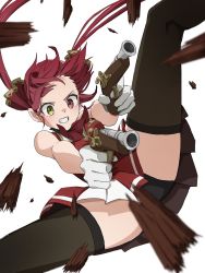 Rule 34 | 1girl, antique firearm, ascot, bare shoulders, black panties, blurry, blurry foreground, blush, breasts, brown thighhighs, clenched teeth, commentary request, dual wielding, feet out of frame, firearm, firelock, flintlock, floating hair, forehead, gloves, gold trim, gun, hair ribbon, handgun, heterochromia, highres, holding, holding weapon, hololive, houshou marine, jacket, legs, long hair, medium breasts, miniskirt, panties, pleated skirt, red ascot, red eyes, red hair, red jacket, red ribbon, red skirt, ribbon, shadow, sidelocks, simple background, skirt, sleeveless, sleeveless jacket, solo, spread legs, tauyoshi728, teeth, thighhighs, thighs, twintails, two-tone skirt, underwear, virtual youtuber, weapon, white background, white gloves, white skirt, yellow eyes