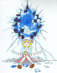 Rule 34 | 1girl, between legs, blonde hair, blue background, brown footwear, flandre scarlet, full body, hand between legs, hat, hat ribbon, highres, jigsaw puzzle, knees together feet apart, medium hair, mob cap, multicolored wings, one side up, open mouth, puffy short sleeves, puffy sleeves, puzzle, puzzle piece, red eyes, red ribbon, red skirt, red vest, ribbon, ribbon-trimmed headwear, ribbon trim, semento, shirt, shoes, short sleeves, skirt, socks, solo, teeth, touhou, traditional media, upper teeth only, vest, white background, white hat, white shirt, white socks, wings