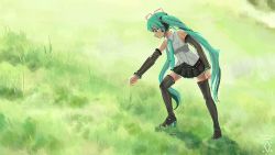 Rule 34 | 1girl, aqua eyes, aqua hair, aqua nails, aqua necktie, bare shoulders, black skirt, black sleeves, black thighhighs, boots, commentary, day, detached sleeves, digiral, english commentary, field, grass, hair ornament, hatsune miku, hatsune miku (vocaloid4), headphones, highres, leaning forward, long hair, making-of available, miniskirt, nail polish, necktie, outdoors, pleated skirt, pulling, shirt, shoulder tattoo, skirt, sleeveless, sleeveless shirt, solo, tattoo, thigh boots, thighhighs, twintails, v4x, very long hair, vocaloid, white shirt, wide shot, zettai ryouiki