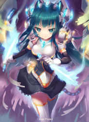Rule 34 | 10s, 1girl, android, ange vierge, breasts, detached sleeves, dress, dual wielding, fighting stance, frown, gloves, glowing, green eyes, green hair, headgear, highres, holding, kankurou, knife, long hair, magic, matching hair/eyes, original, science fiction, solo, tail, thighhighs, very long hair