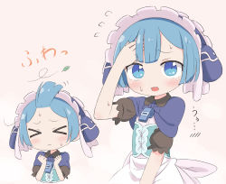 Rule 34 | &gt; &lt;, 1boy, adjusting hair, blue capelet, blue eyes, blue hair, blush, capelet, corset, dress, highres, made in abyss, maid, maid headdress, male focus, maruruk, natsuo (azabuchan1221), short hair, solo, sweat, trap, whistle, wind