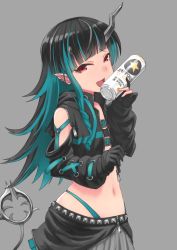 Rule 34 | 1girl, beer can, black gloves, black hair, black jacket, black skirt, blue hair, blue panties, blunt bangs, blush, brand name imitation, can, chest belt, colored inner hair, commentary request, cowboy shot, crop top, cross-laced clothes, cross-laced sleeves, demon horns, drawstring, drink can, gloves, grey background, highleg, highleg panties, highres, horns, jacket, long hair, looking at viewer, multicolored hair, nanashi inc., navel, open mouth, panties, red eyes, s ibane, sapporo beer, shishio chris, simple background, skirt, solo, standing, studded skirt, sugar lyric, two-tone hair, underwear, virtual youtuber, zipper, zipper pull tab