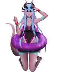 Rule 34 | 1girl, :&gt;, absurdres, aqua hair, artist request, black one-piece swimsuit, breast cutout, breasts, cleavage cutout, clothing cutout, colored inner hair, colored skin, curvy, fate/grand order, fate (series), fingernails, full body, green nails, grey skin, highleg, highleg swimsuit, highres, horns, ibuki douji (fate), ibuki douji (swimsuit berserker) (fate), ibuki douji (swimsuit berserker) (first ascension) (fate), kneeling, long hair, looking at viewer, multicolored hair, nail polish, one-piece swimsuit, oni horns, pink hair, pink one-piece swimsuit, ponytail, red eyes, salute, shiny skin, simple background, swimsuit, tail, two-tone hair, two-tone swimsuit, very long hair, whistle, white background, wide hips
